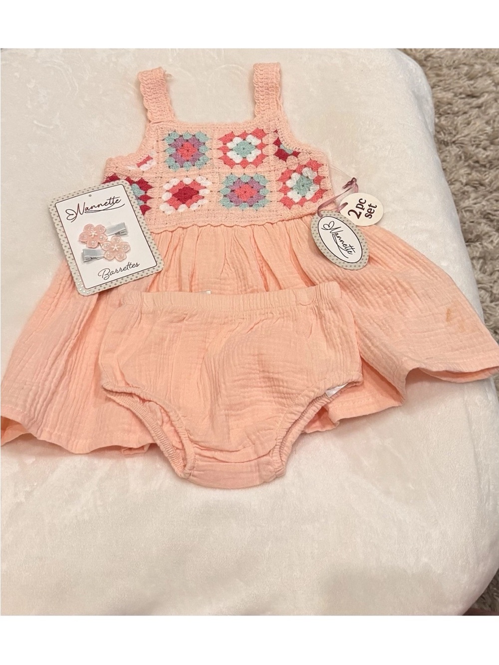 Crochet & Gauze Infant Dress With Matching Diaper Cover & Hair Clips